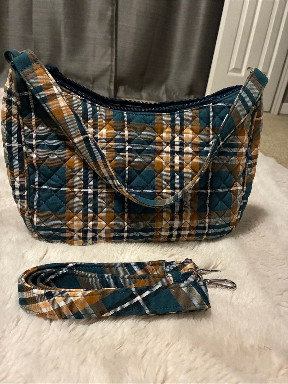 Vera Bradley Cotton Frannie Crescent crossbody purse  Orchard plaid